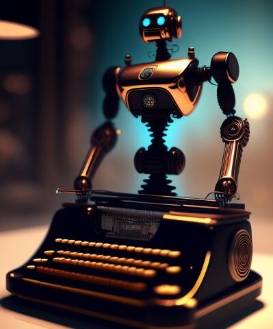 digital-art artificial intelligence bot-at-a-typewriter desk